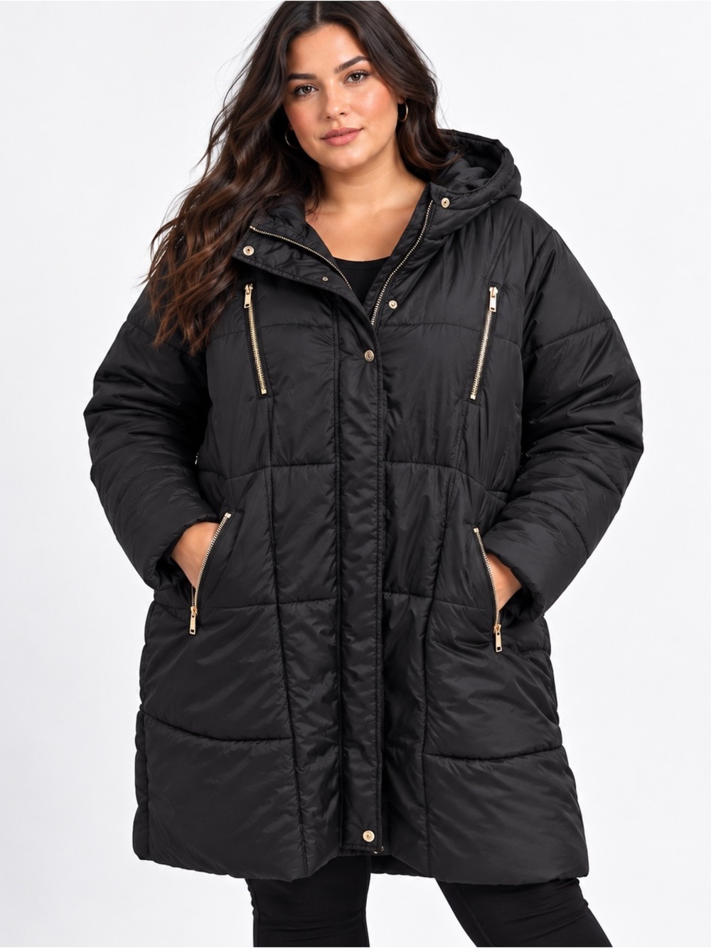 Torrid Black Longline Hooded Puffer Coat Size 4 4X 26 Zip Pockets